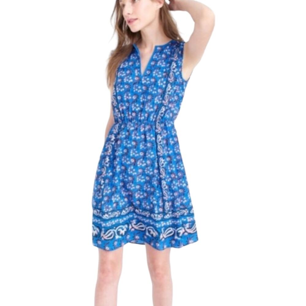 J Crew 100% Silk Vintage Scarf Dress Size 0 Blue Floral Sleeveless Lined Mini